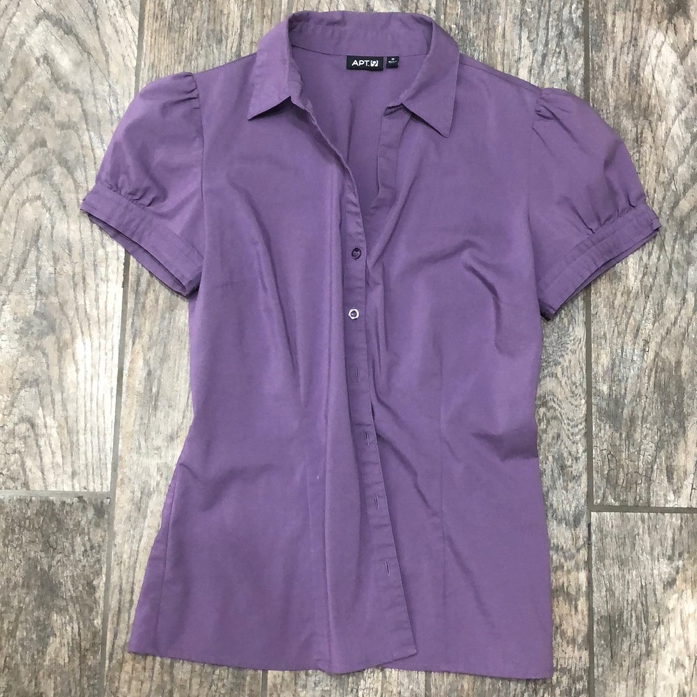Purple button up short sleeved dress shirt